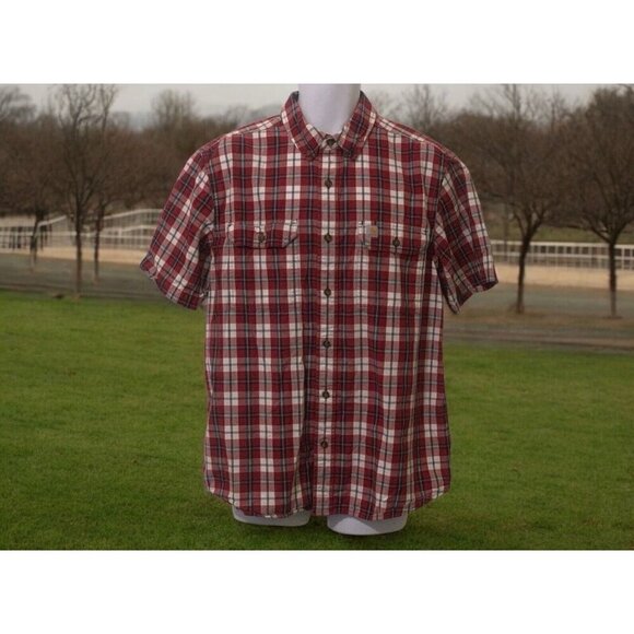 Carhartt Mens Relaxed Fit Plaid Shirt Size L Red White Blue Front Pockets - Picture 2 of 12